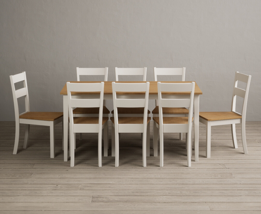 Product photograph of Kendal 150cm Solid Oak And Cream Painted Dining Table With 6 Light Grey Kendal Chairs from Oak Furniture Superstore