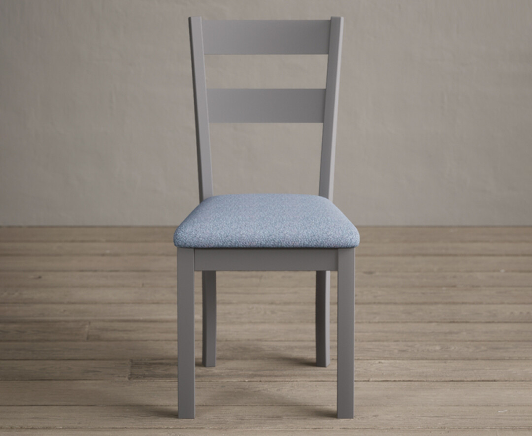 Product photograph of Kendal Light Grey Painted Dining Chairs With Blue Fabric Seat Pad from Oak Furniture Superstore