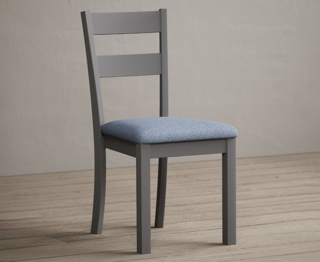 Photo 1 of Kendal light grey painted dining chairs with blue fabric seat pad