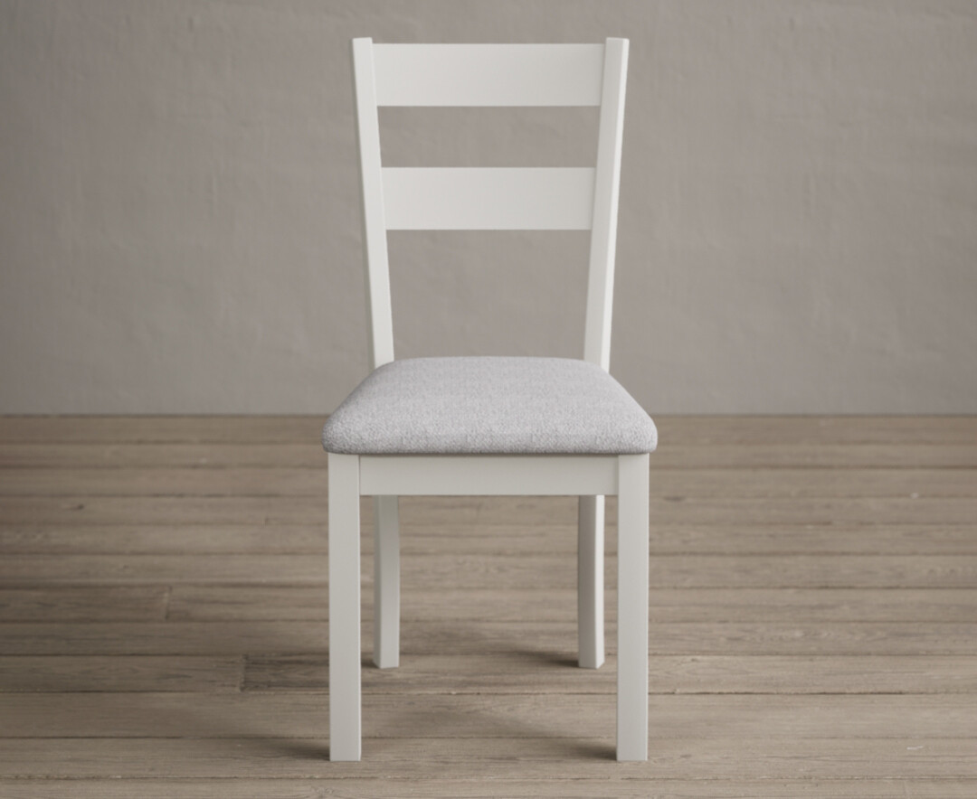 Kendal Signal White Painted Dining Chairs With Light Grey Fabric Seat Pad