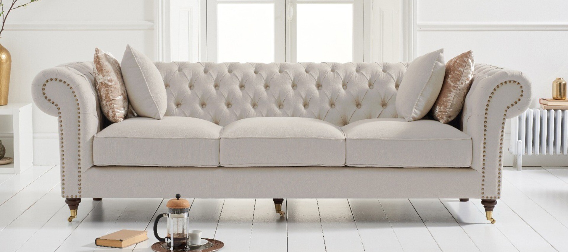 Product photograph of Kensington Chesterfield Ivory Linen 3 Seater Sofa from Oak Furniture Superstore.