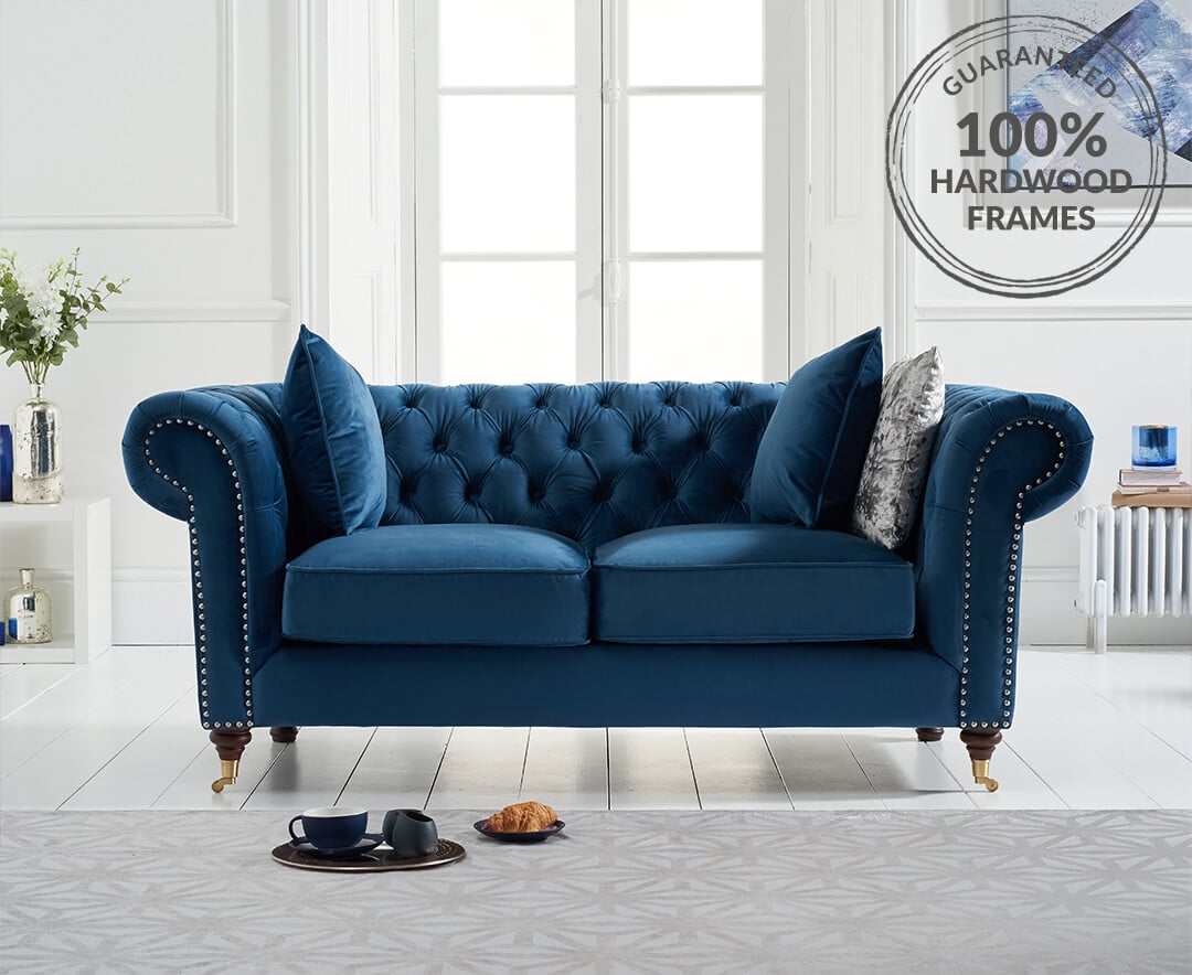 Kensington Chesterfield Blue Velvet 2 Seater Sofa Oak Furniture