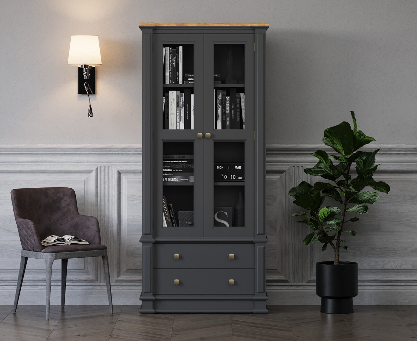 Product photograph of Lawson Oak And Charcoal Grey Painted Glazed Display Cabinet from Oak Furniture Superstore