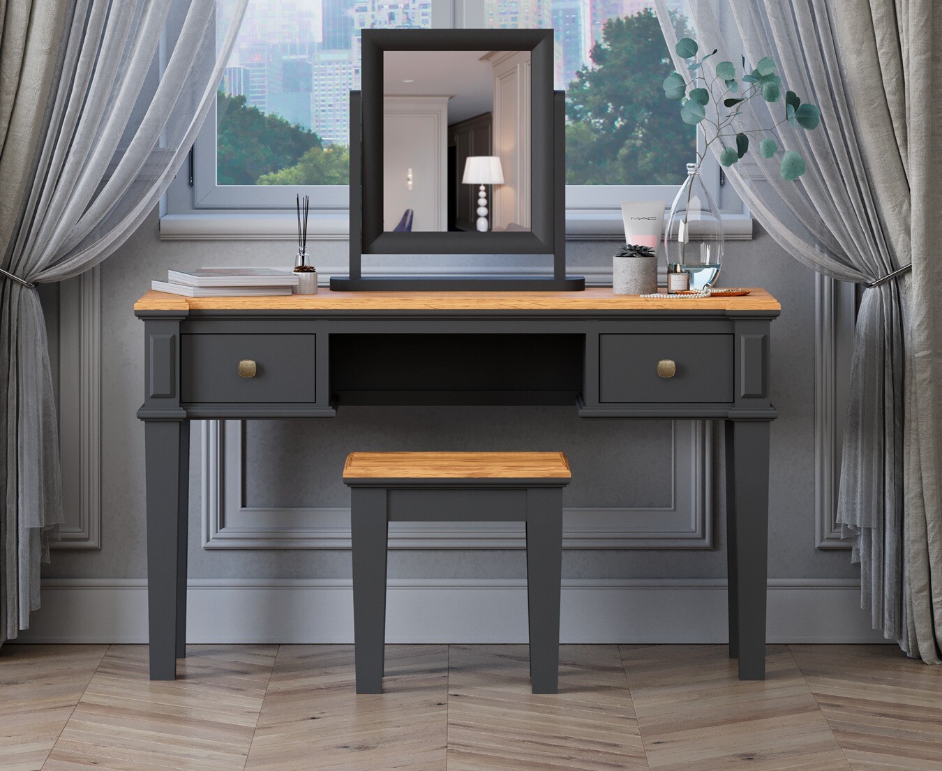 Product photograph of Lawson Oak And Charcoal Grey Painted Dressing Table Set from Oak Furniture Superstore