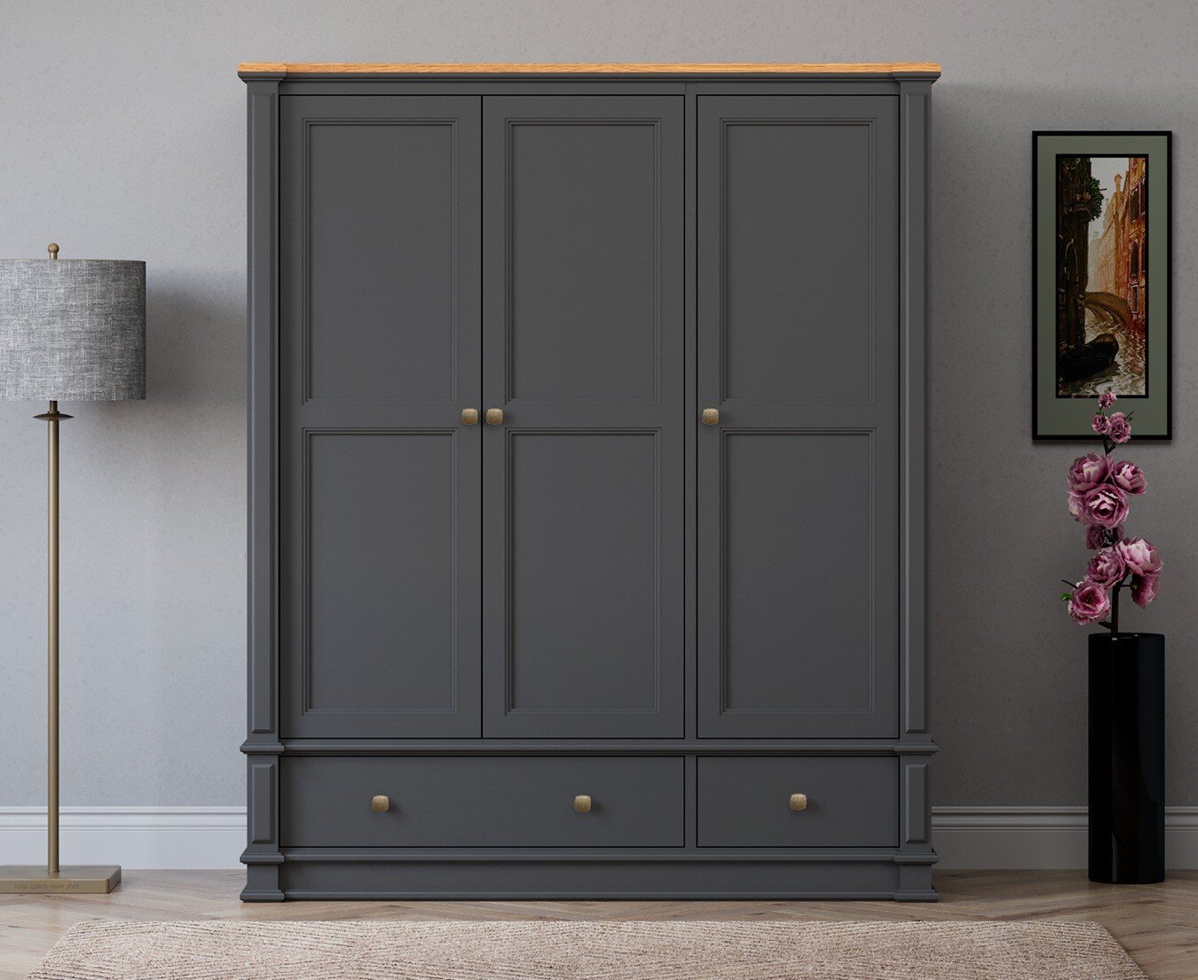 Lawson Oak and Charcoal Grey Painted Triple Wardrobe