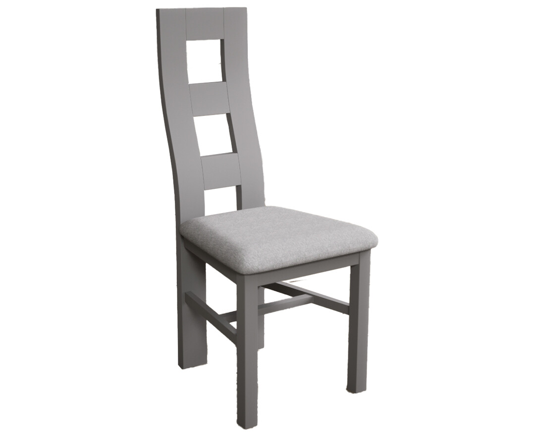 Photo 3 of Painted light grey flow back dining chairs with light grey fabric seat pad