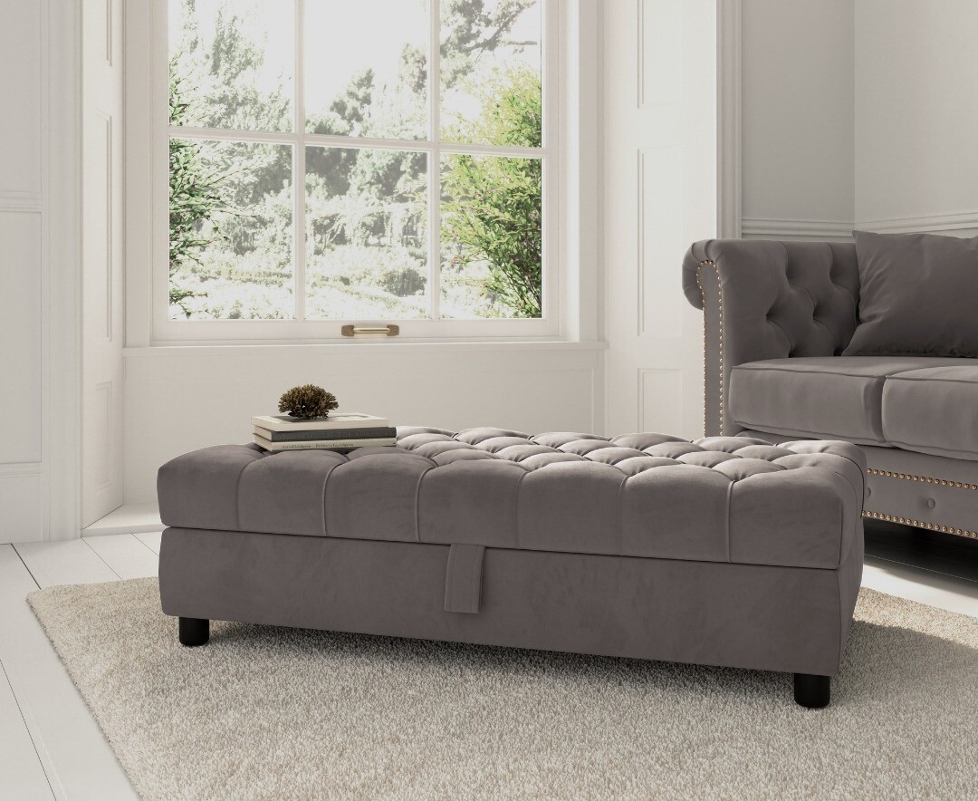 Product photograph of Mayfair Grey Velvet Storage Footstool from Oak Furniture Superstore