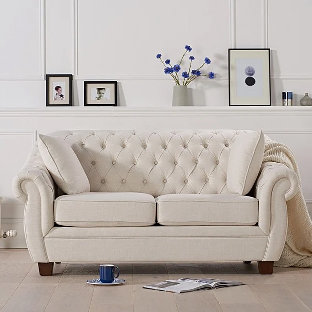 Product photograph of Eva Chesterfield Ivory Linen Fabric Two-seater Sofa from Oak Furniture Superstore