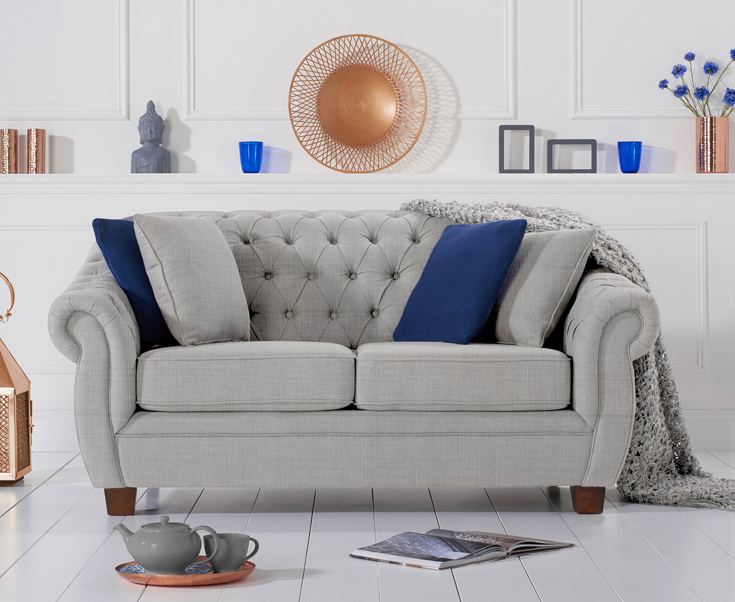 Product photograph of Eva Chesterfield Grey Linen Fabric 2 Seater Sofa from Oak Furniture Superstore