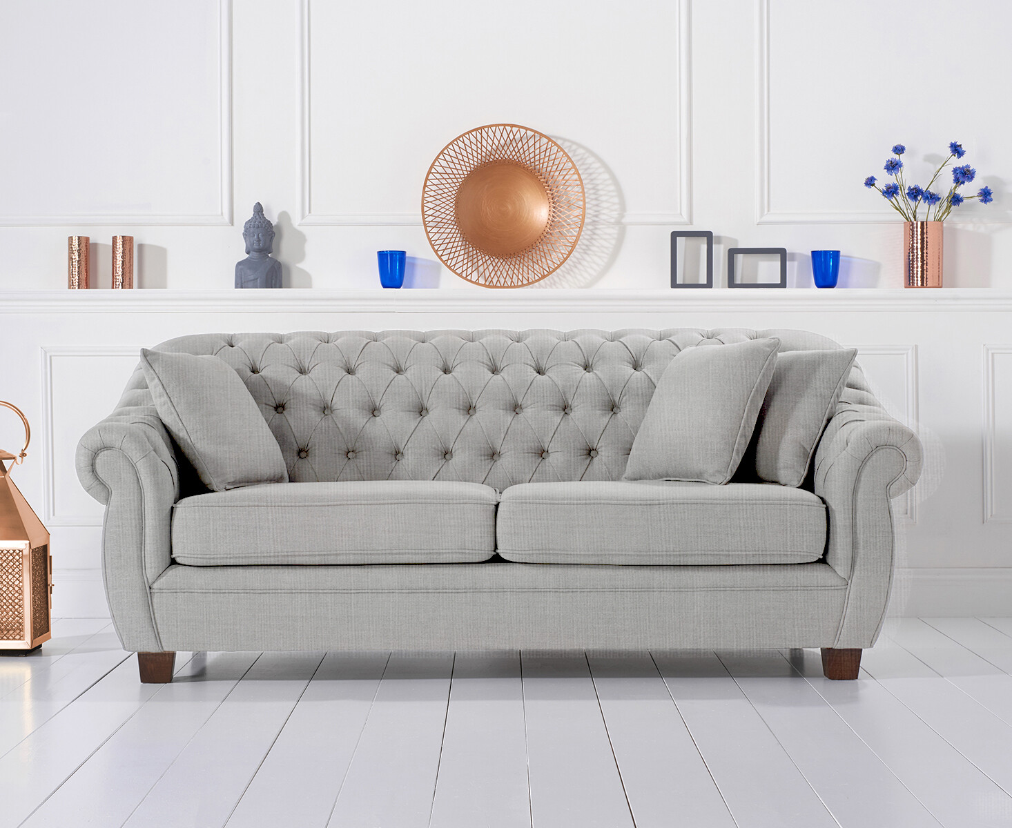Product photograph of Eva Chesterfield Grey Linen Fabric 3 Seater Sofa from Oak Furniture Superstore.