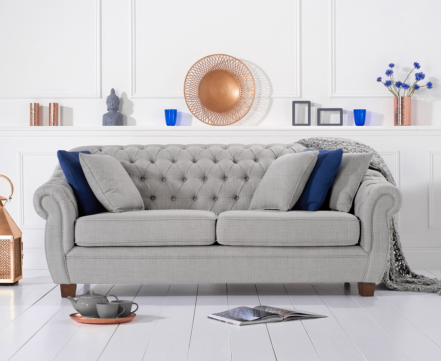 Product photograph of Eva Chesterfield Grey Linen Fabric 3 Seater Sofa from Oak Furniture Superstore
