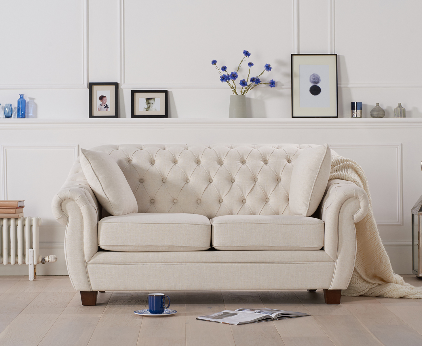 Product photograph of Eva Chesterfield Ivory Linen Fabric Two-seater Sofa from Oak Furniture Superstore