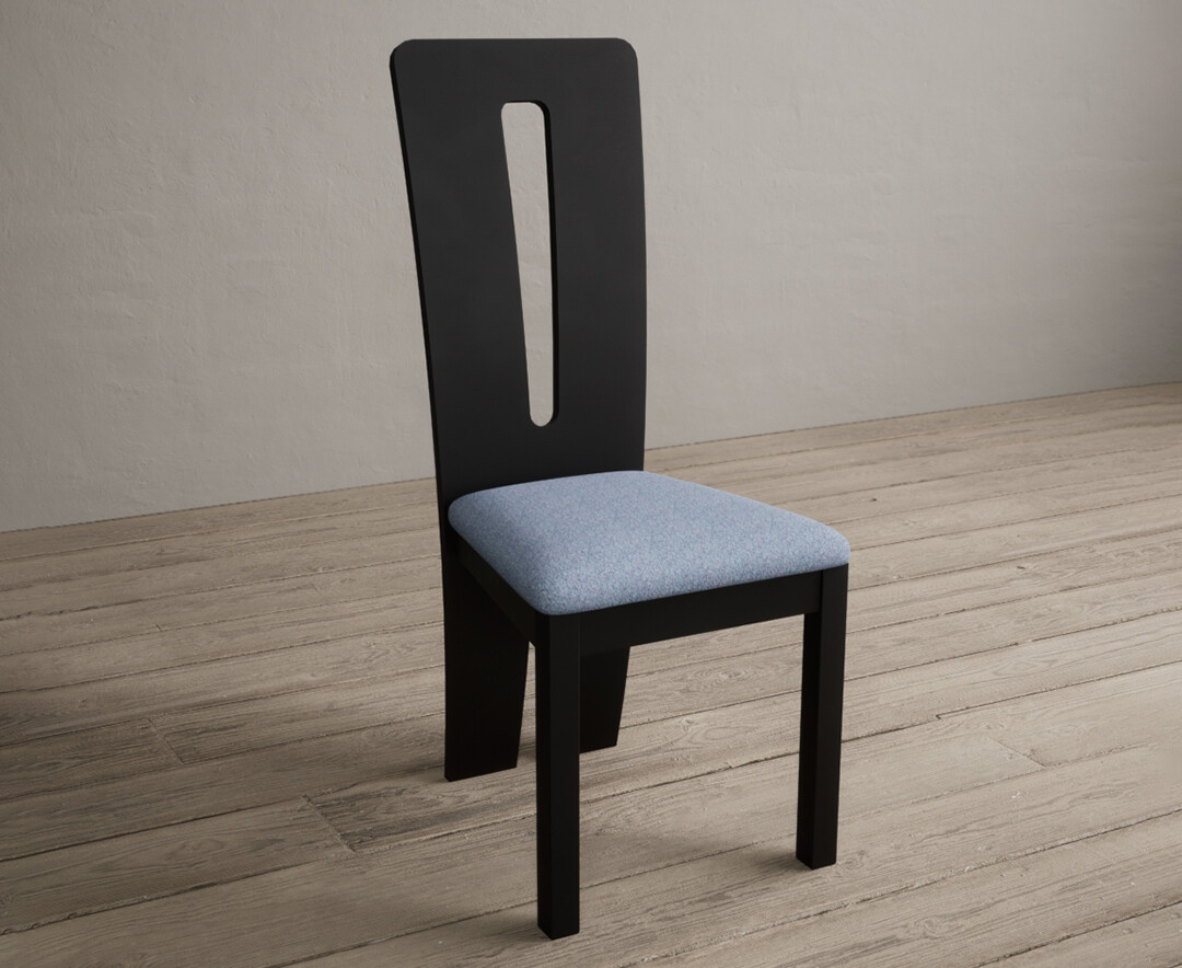 Photo 2 of Lucca black dining chairs with blue fabric seat pad