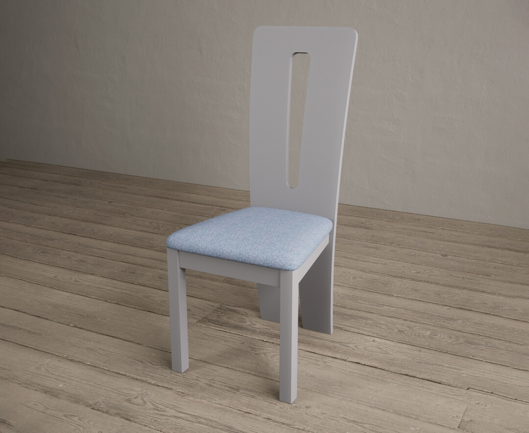 Photo 2 of Lucca light grey dining chairs with blue fabric seat pad