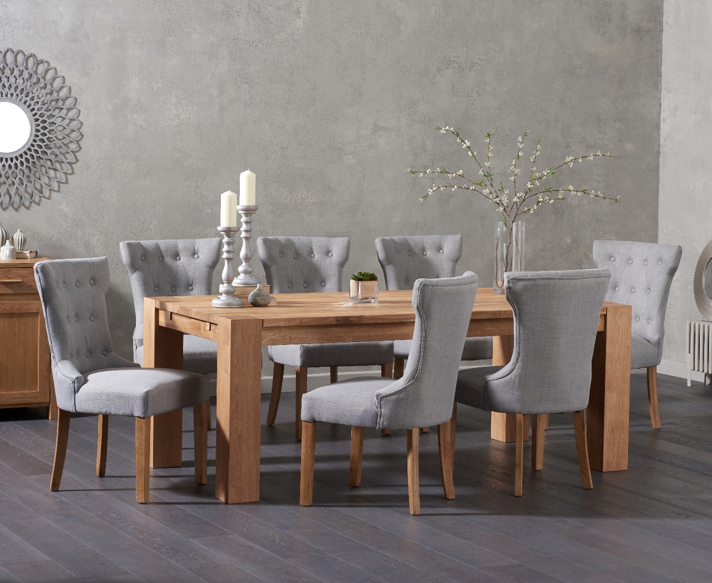 Product photograph of Sheringham 200cm Solid Oak Dining Table With 6 Grey Clara Fabric Chairs from Oak Furniture Superstore