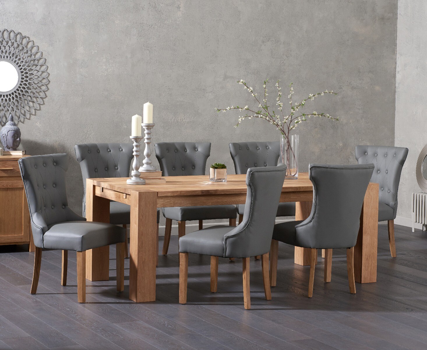 Sheringham 240cm Solid Oak Dining Table With 8 Grey Clara Chairs