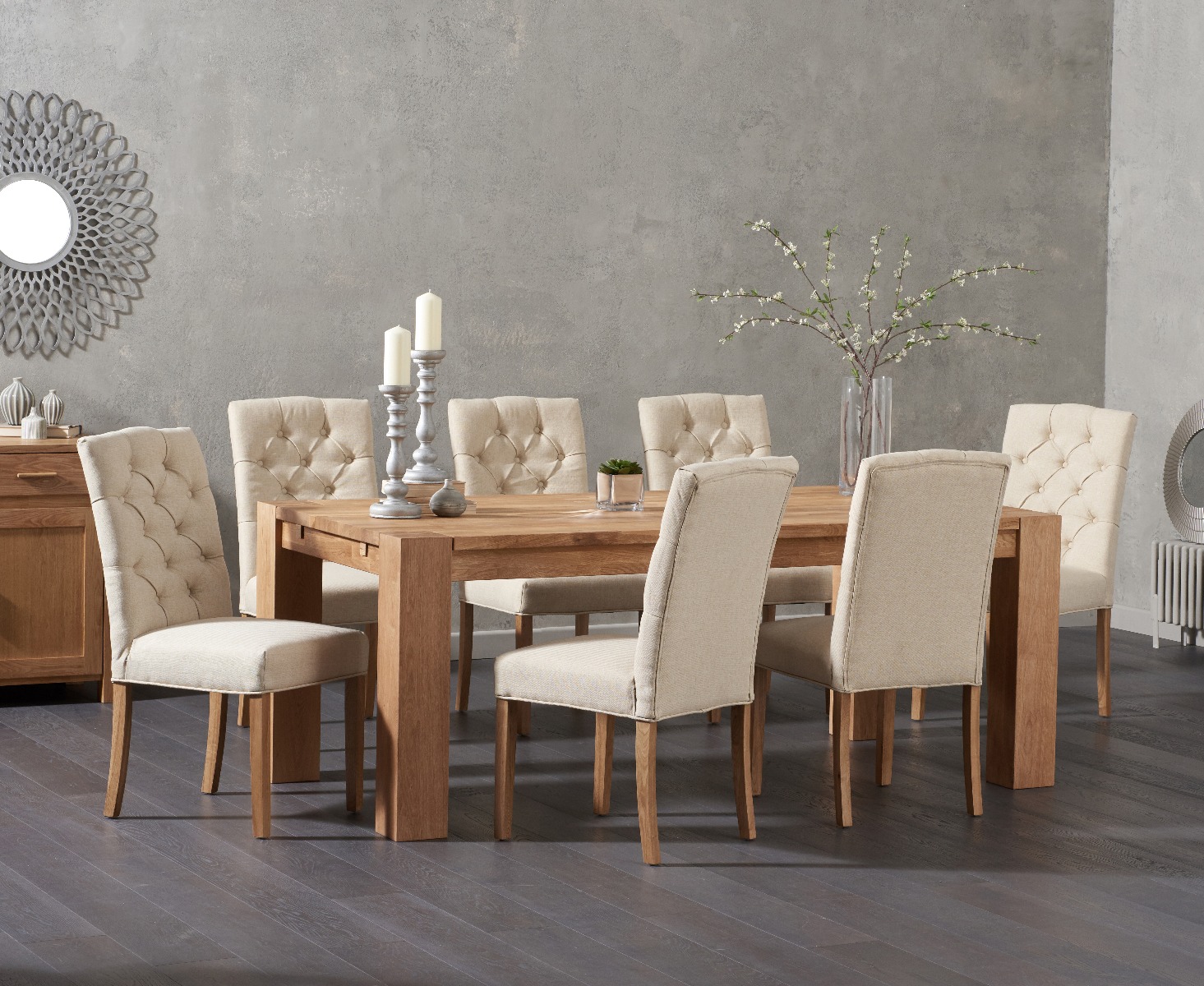 Madrid 200cm Solid Oak Dining Table With 8 Grey Isabella Chairs