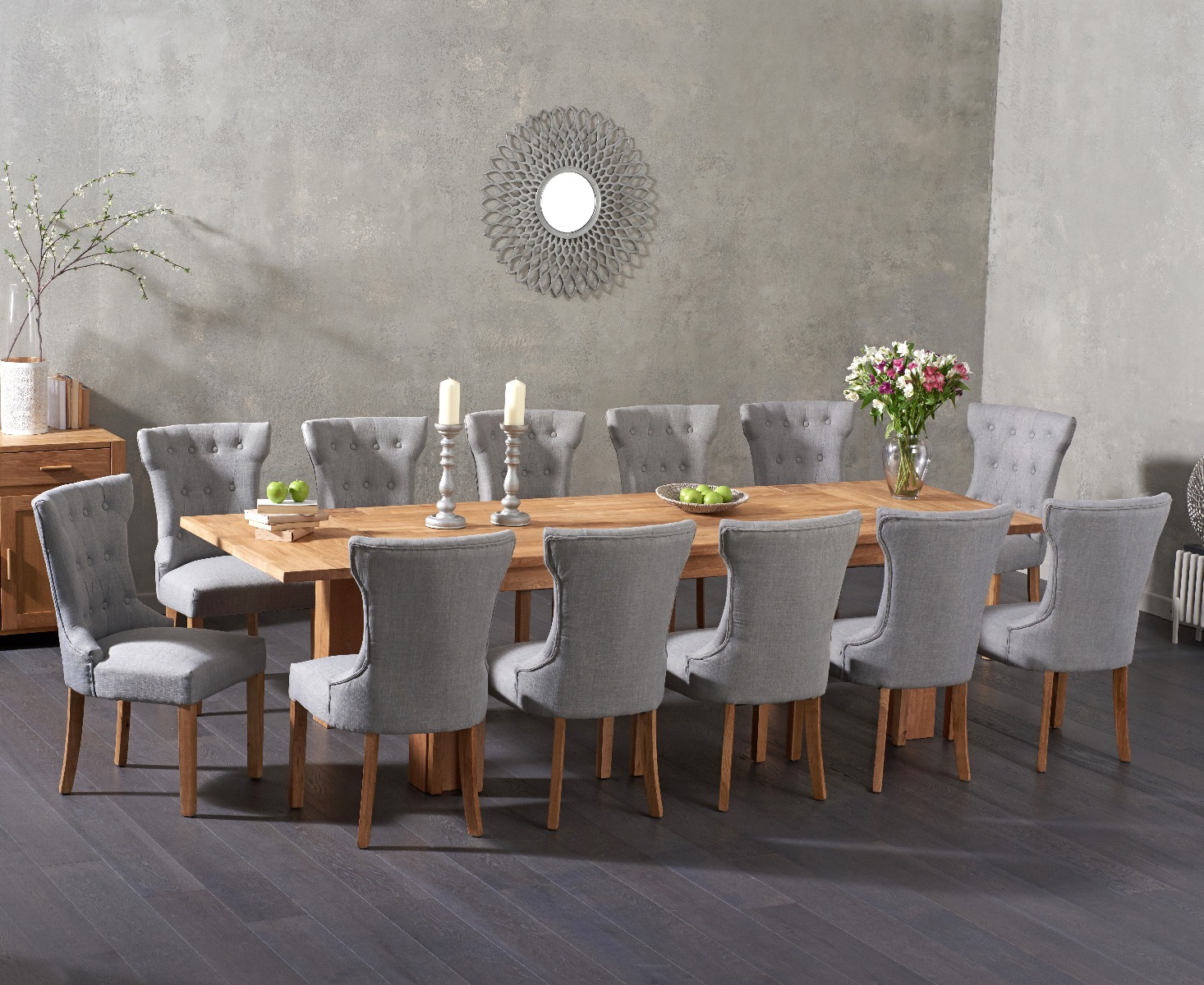 Product photograph of Extending Sheringham 200cm Solid Oak Dining Table With 8 Grey Clara Fabric Chairs from Oak Furniture Superstore