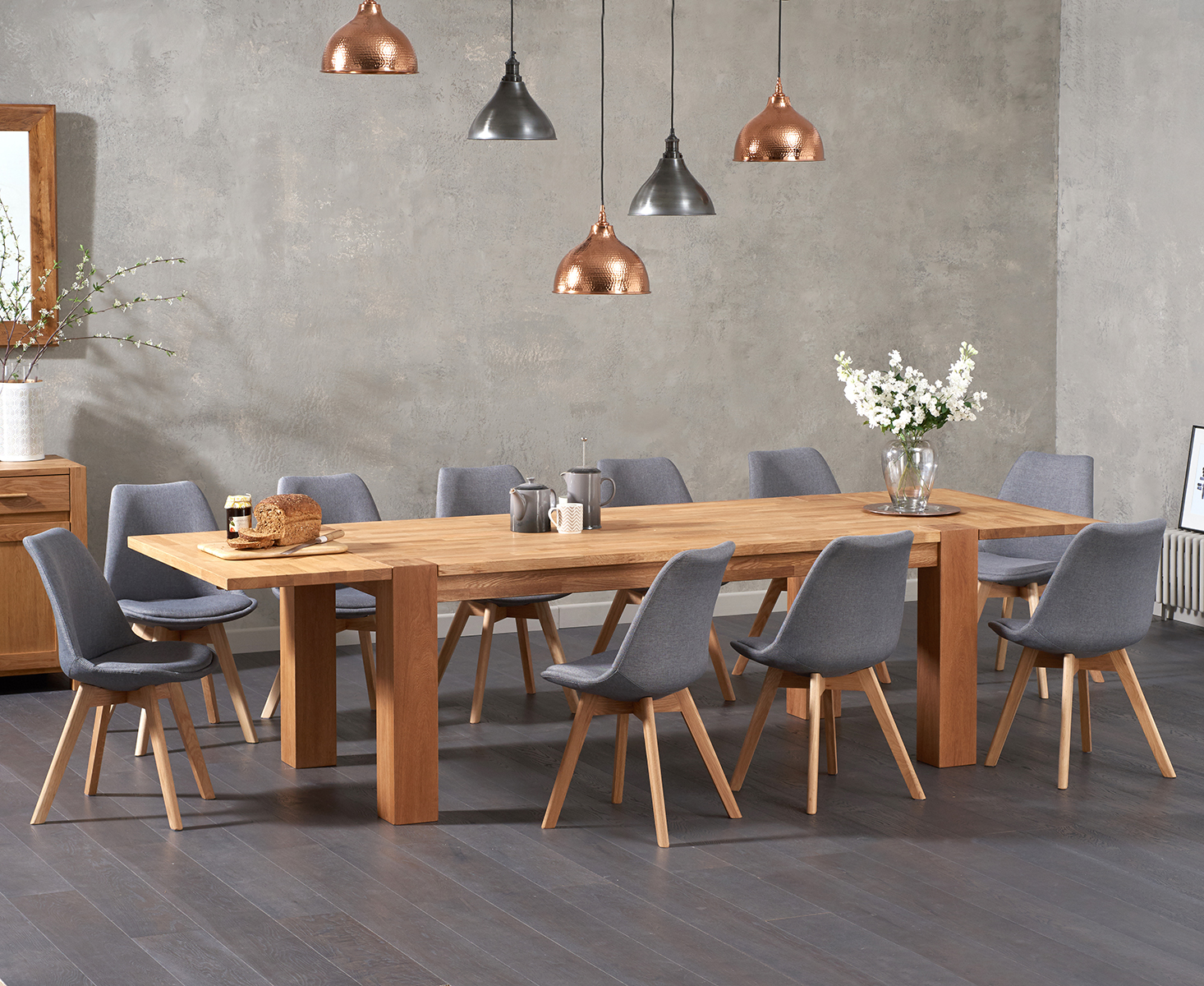 Product photograph of Extending Sheringham 200cm Solid Oak Dining Table With 12 Dark Grey Orson Fabric Chairs from Oak Furniture Superstore