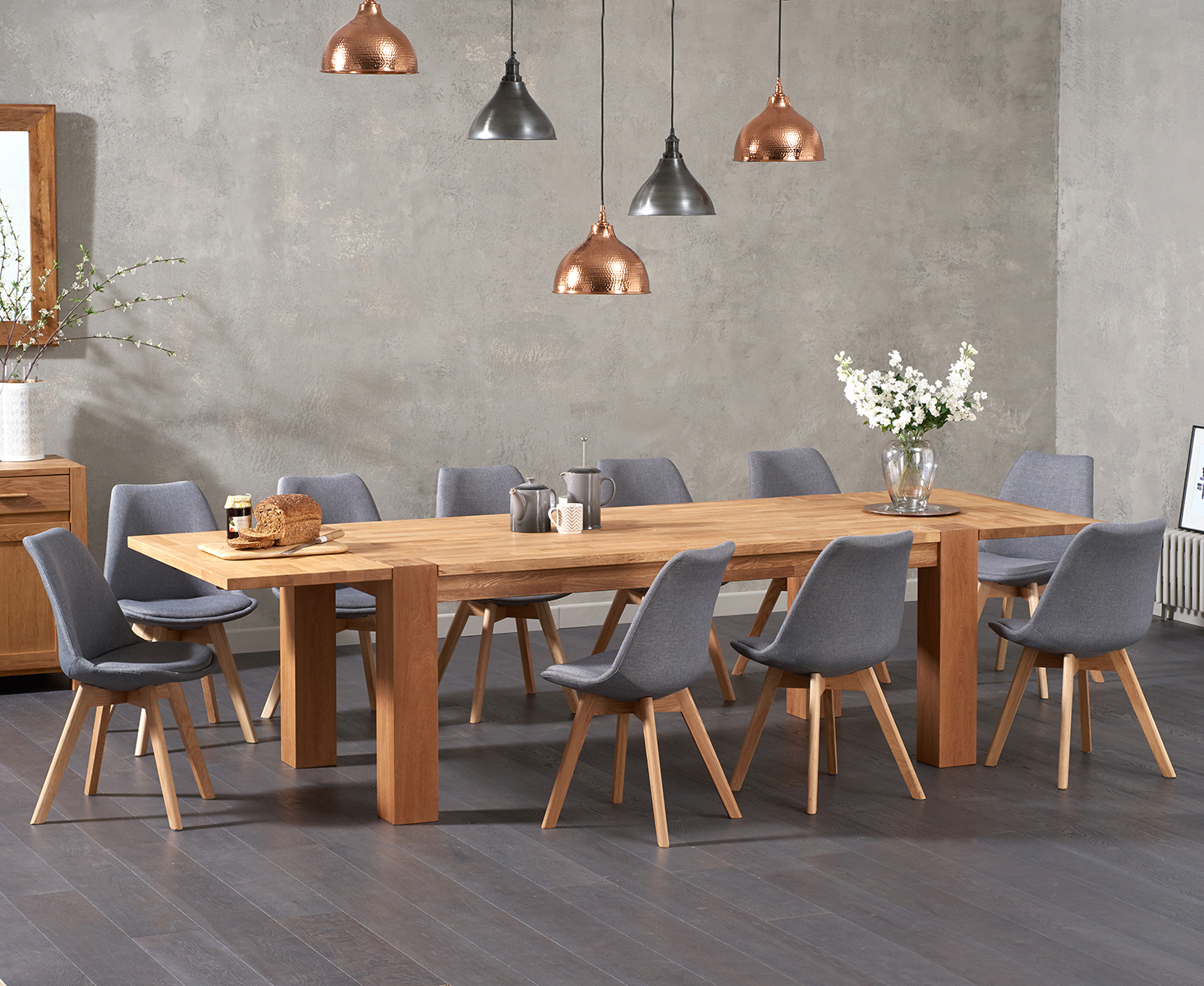 Extending Sheringham 200cm Solid Oak Dining Table With 8 Dark Grey Orson Fabric Chairs
