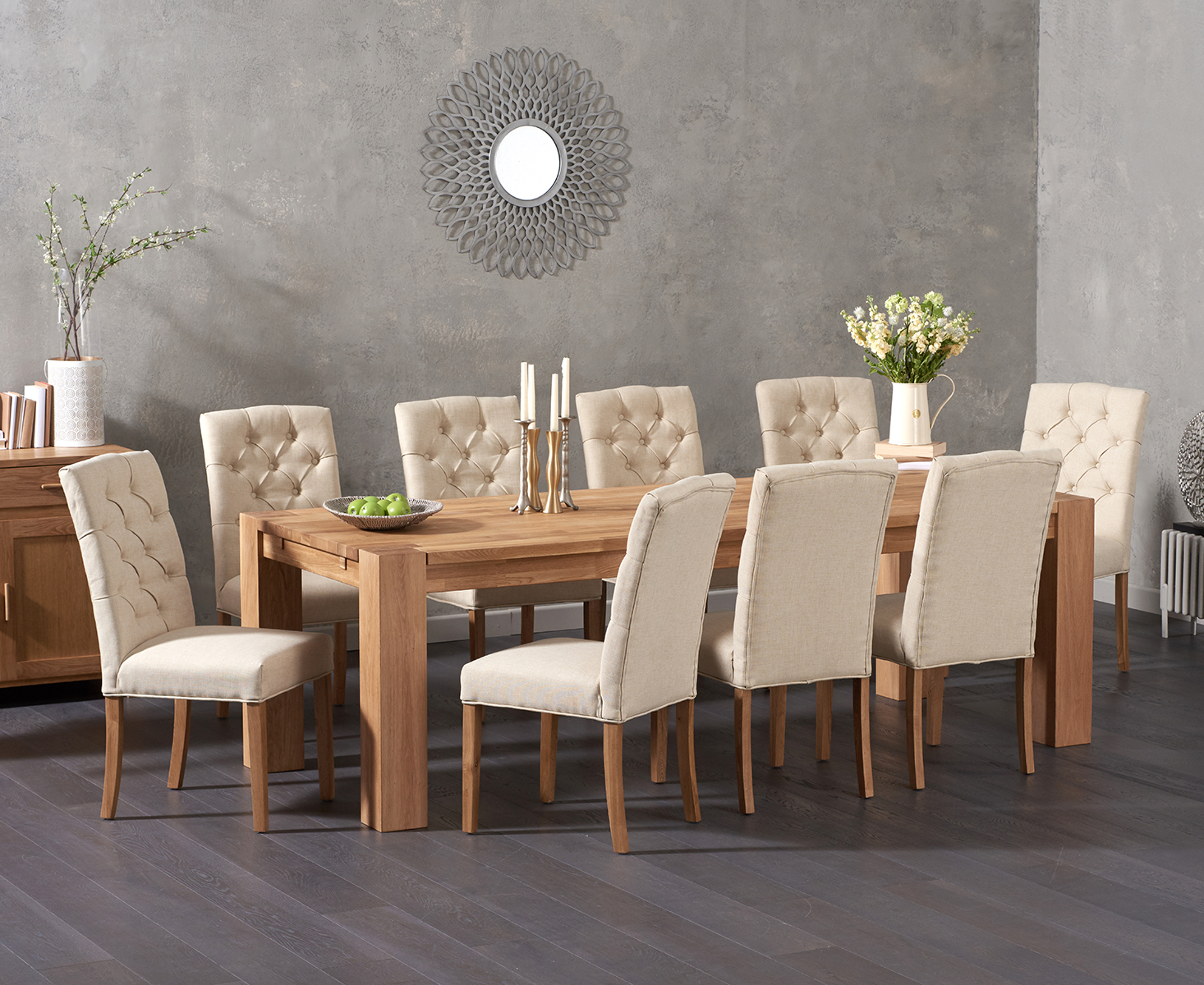 Product photograph of Sheringham 240cm Solid Oak Dining Table With 10 Natural Isabella Chairs from Oak Furniture Superstore