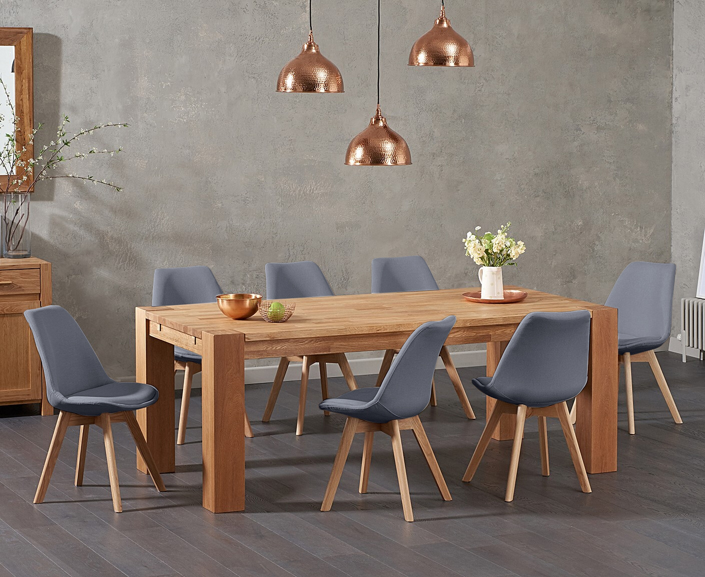 Sheringham 200cm Solid Oak Dining Table With 6 Dark Grey Orson Fabric Chairs