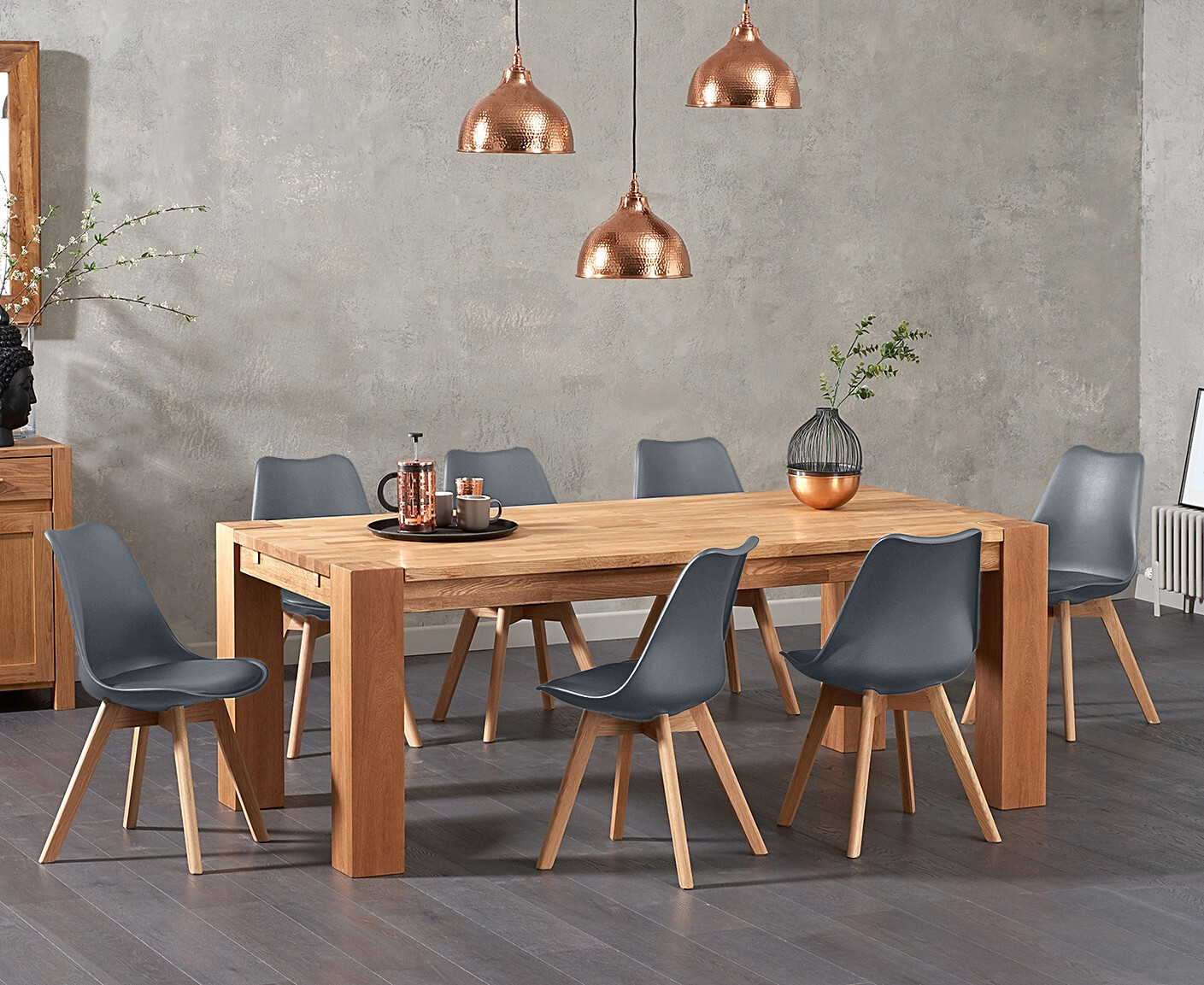 Product photograph of Sheringham 200cm Solid Oak Dining Table With 6 Dark Grey Orson Faux Leather Chairs from Oak Furniture Superstore