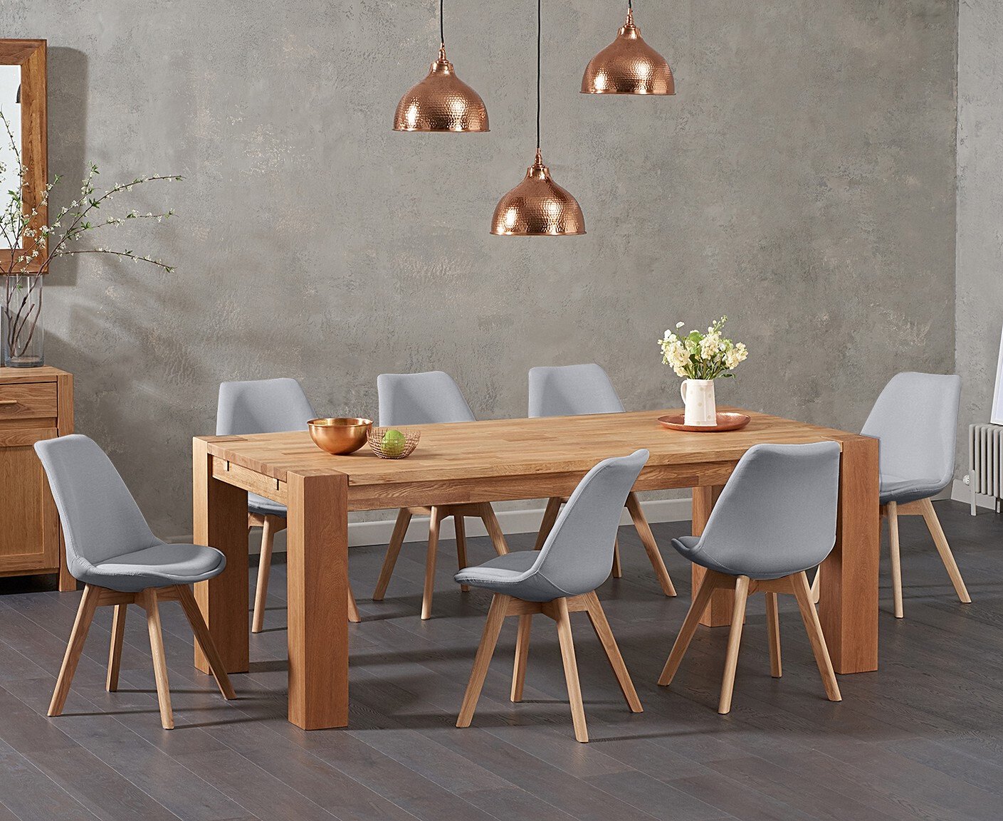Sheringham 200cm Solid Oak Dining Table With 8 Light Grey Orson Fabric Chairs