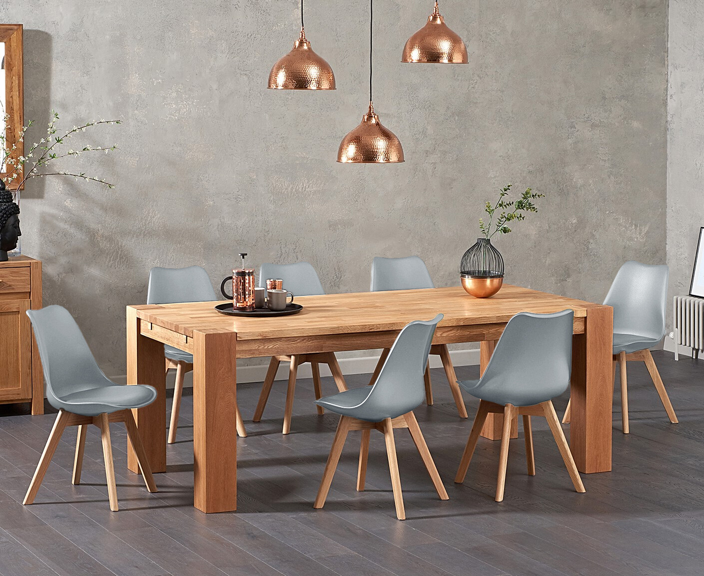 Sheringham 200cm Solid Oak Dining Table With 8 Light Grey Orson Faux Leather Chairs