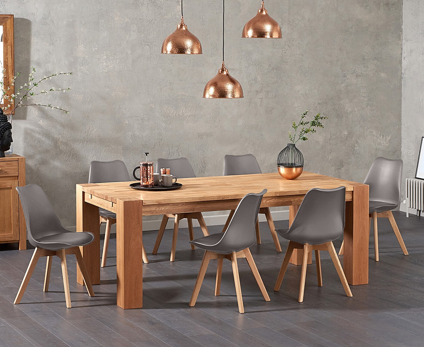 Sheringham 200cm Solid Oak Dining Table With 6 Mink Orson Faux Leather Chairs