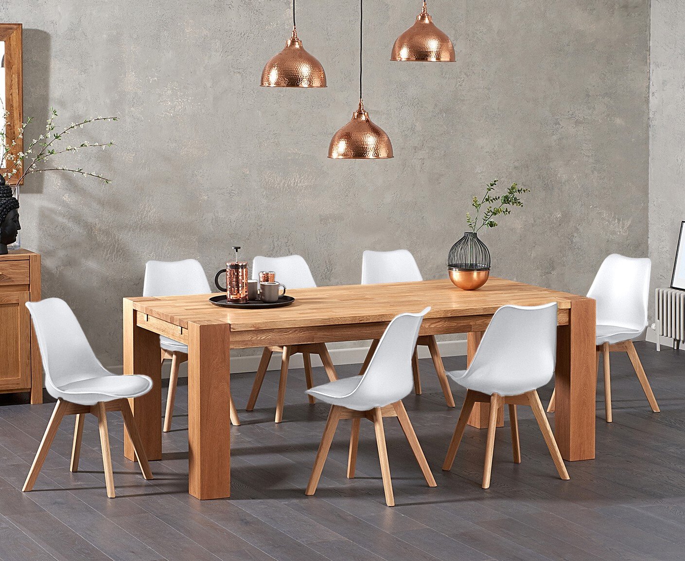 Product photograph of Sheringham 200cm Solid Oak Dining Table With 6 White Orson Faux Leather Chairs from Oak Furniture Superstore