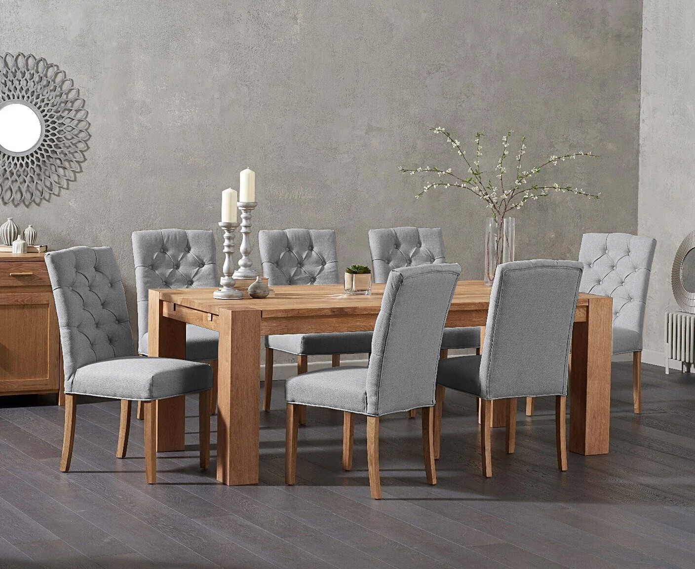 Product photograph of Sheringham 200cm Solid Oak Dining Table With 6 Grey Isabella Chairs from Oak Furniture Superstore