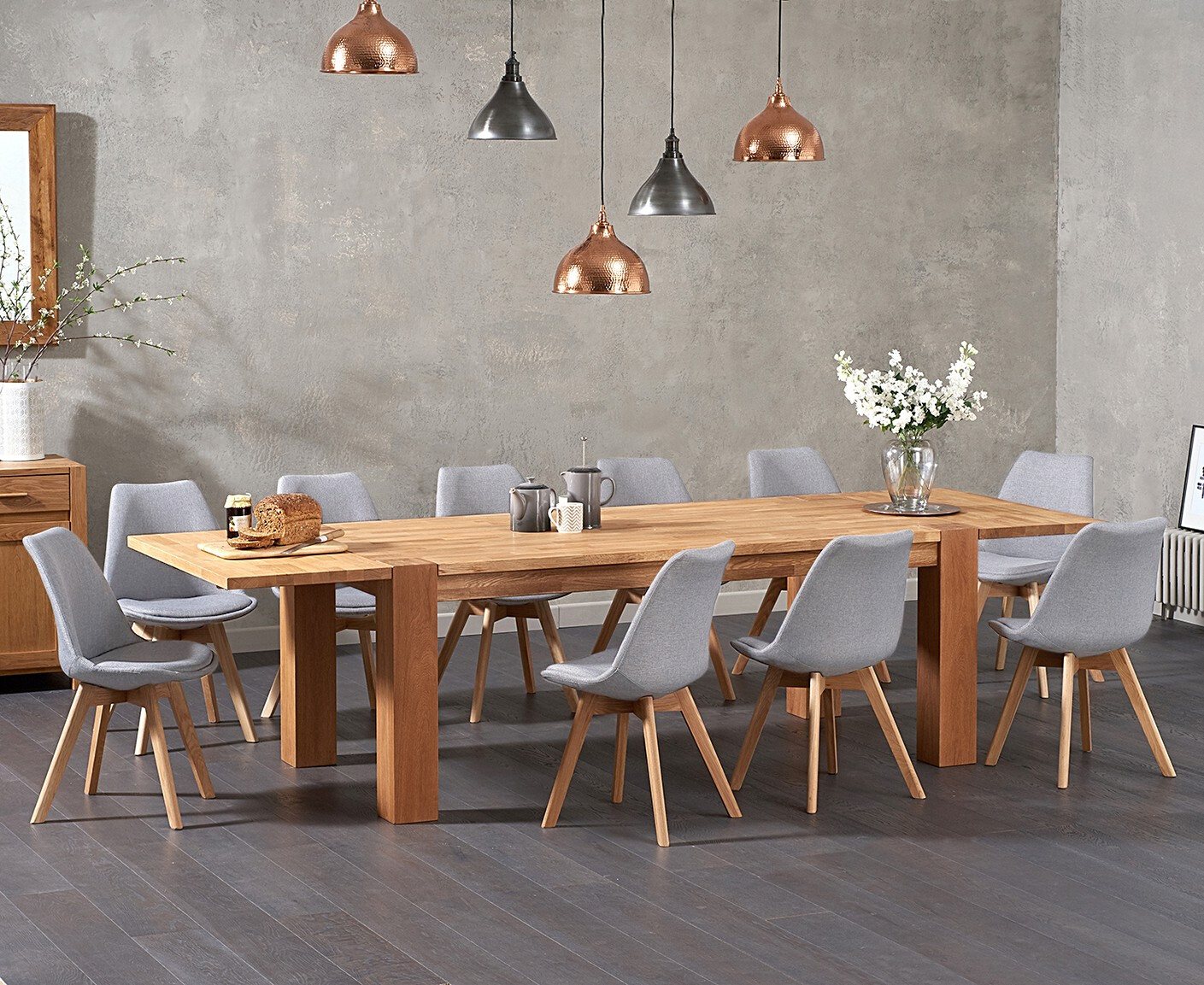 Product photograph of Extending Sheringham 200cm Solid Oak Dining Table With 8 Light Grey Orson Fabric Chairs from Oak Furniture Superstore