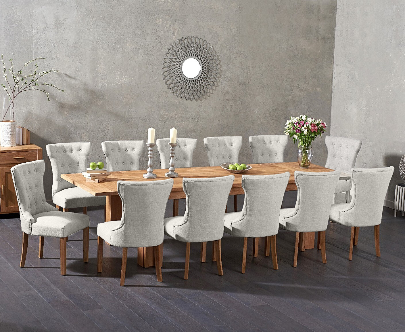 Product photograph of Extending Sheringham 200cm Solid Oak Dining Table With 10 Natural Clara Fabric Chairs from Oak Furniture Superstore