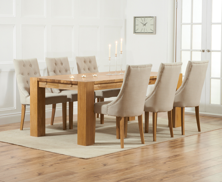 Product photograph of Sheringham 240cm Solid Oak Dining Table With 8 Natural Beatrix Fabric Chairs from Oak Furniture Superstore