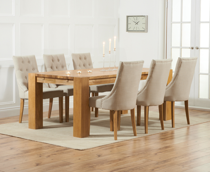 Madrid 200cm Solid Oak Dining Table With 6 Cream Beatrix Fabric Chairs