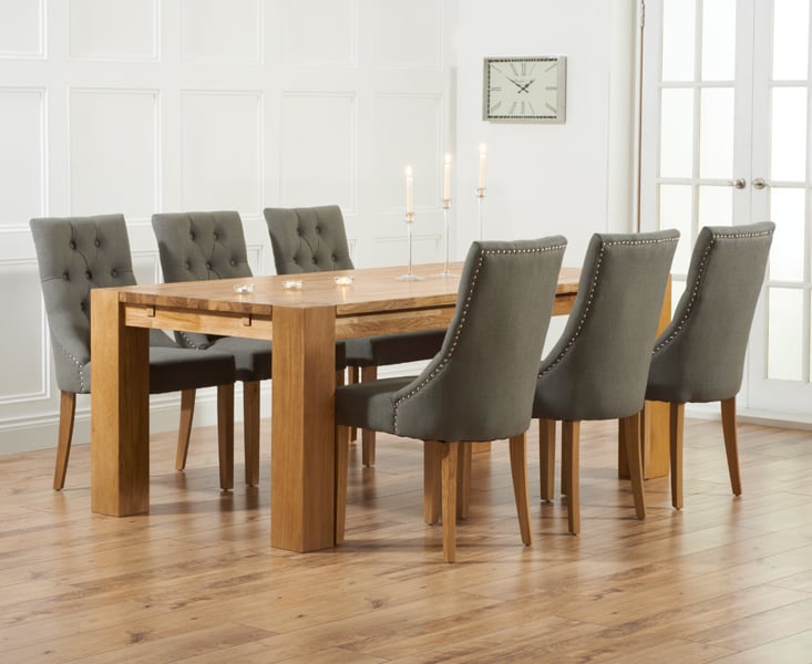 Product photograph of Sheringham 240cm Solid Oak Dining Table With 8 Grey Beatrix Fabric Chairs from Oak Furniture Superstore