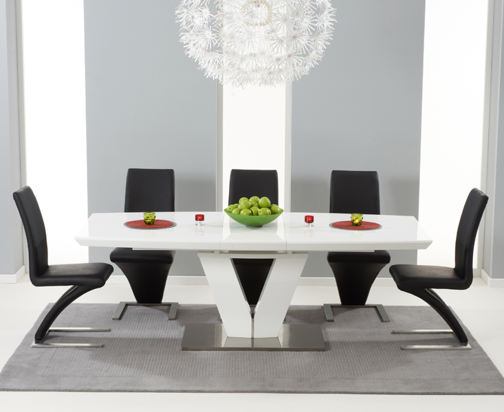 Extending Palermo 180cm White High Gloss Dining Table With 10 Black Aldo Chairs