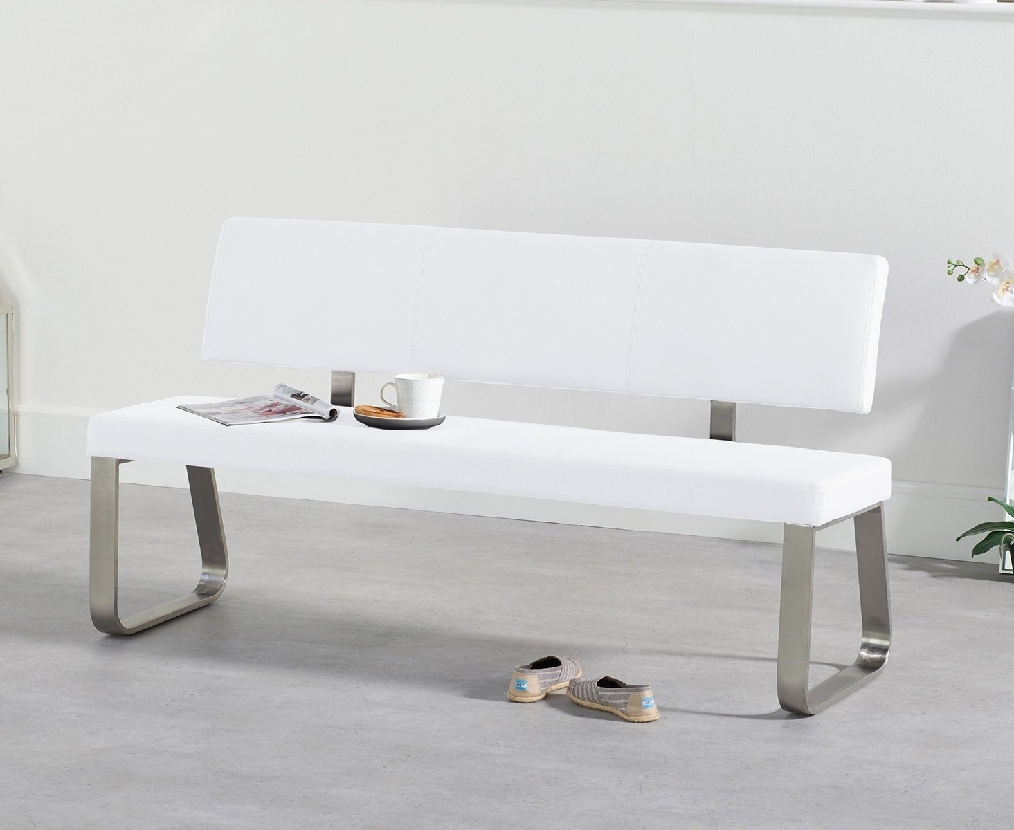 Malaga Large White Bench, Andalucia Modern White Leather Bench Large 60 Inch