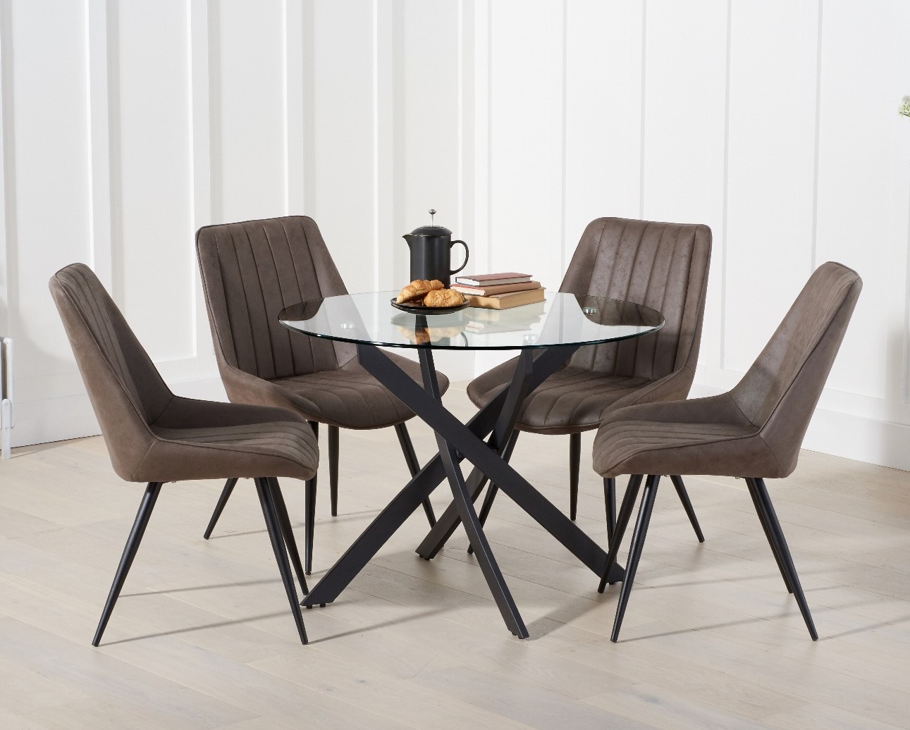 Product photograph of Mara 100cm Round Glass Dining Table With 4 Brown Brody Antique Chairs from Oak Furniture Superstore