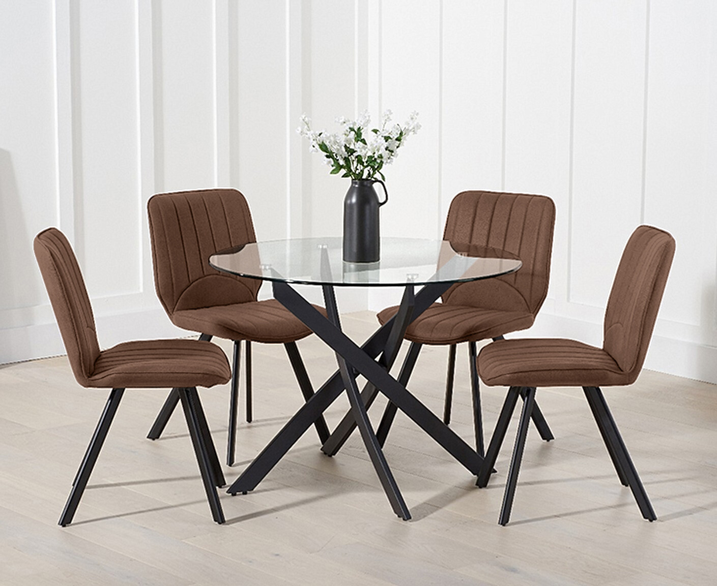 Product photograph of Mara 100cm Round Glass Dining Table With 4 Brown Hendrick Faux Leather Chairs from Oak Furniture Superstore