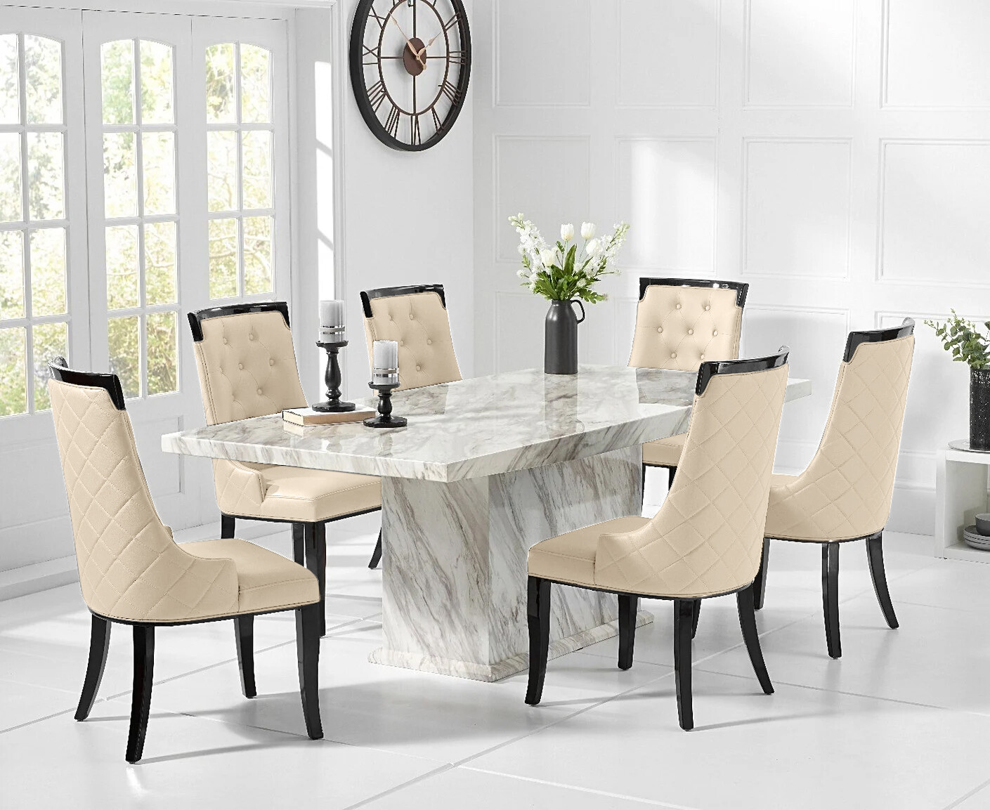Product photograph of Marino 180cm Marble Dining Table With 8 Cream Francesca Chairs from Oak Furniture Superstore
