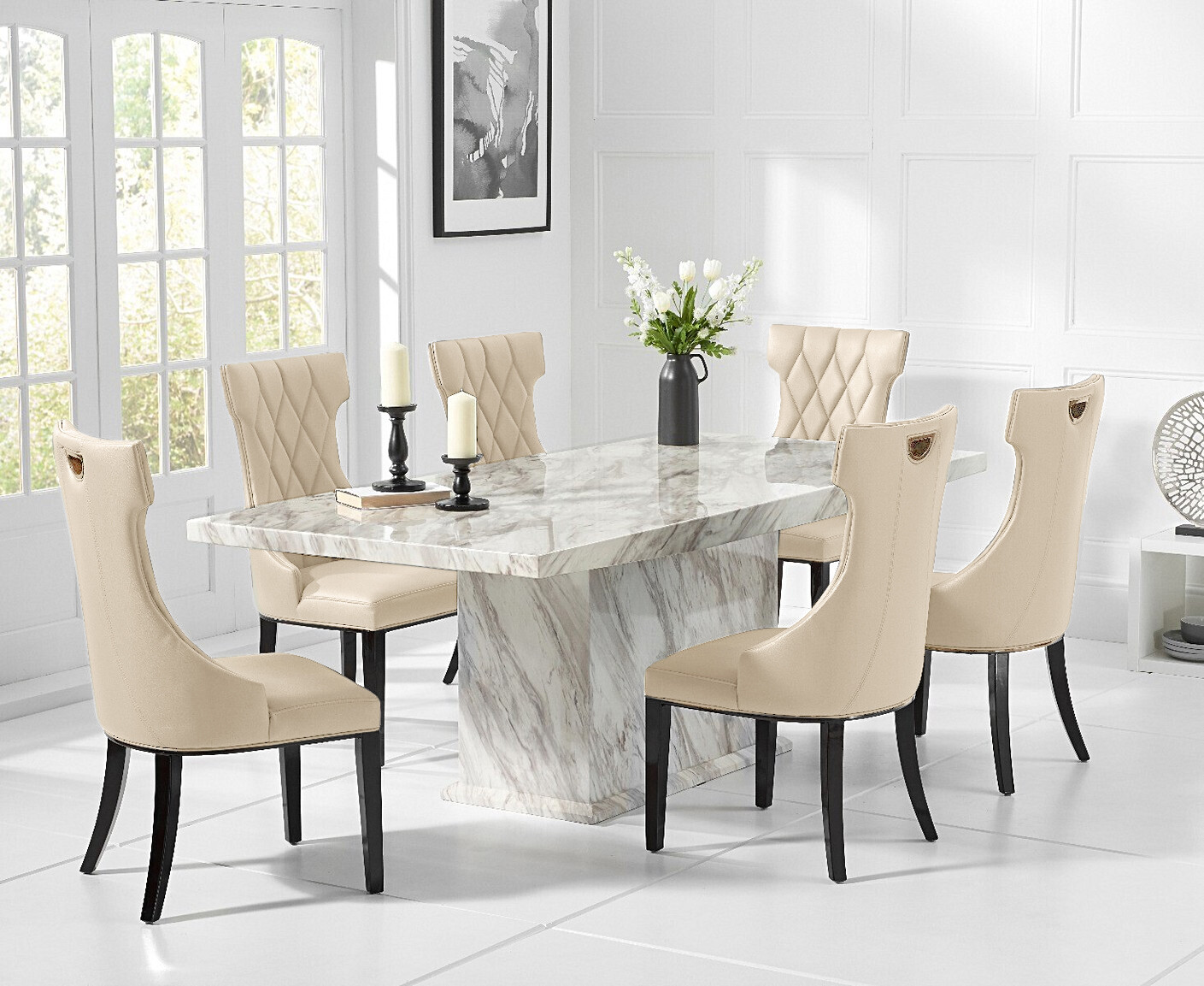 Product photograph of Marino 180cm Marble Dining Table With 8 Cream Sophia Chairs from Oak Furniture Superstore