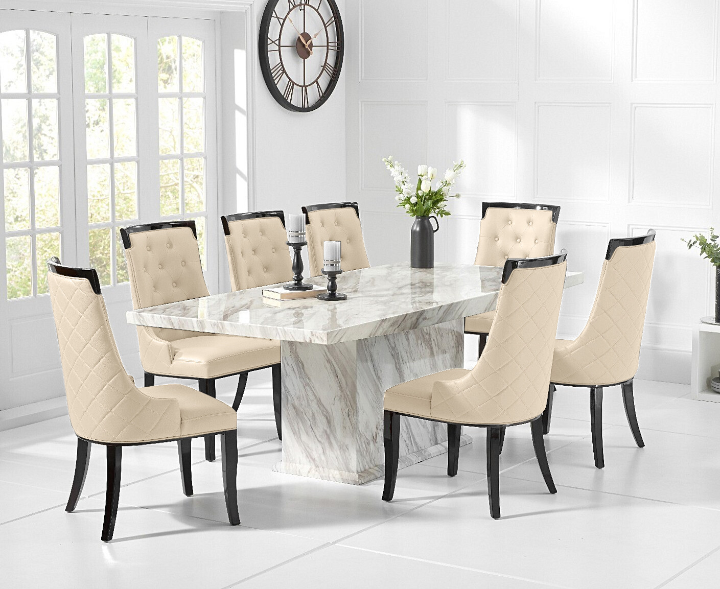 Product photograph of Marino 220cm Marble-effect Dining Table With 8 Cream Francesca Chairs from Oak Furniture Superstore