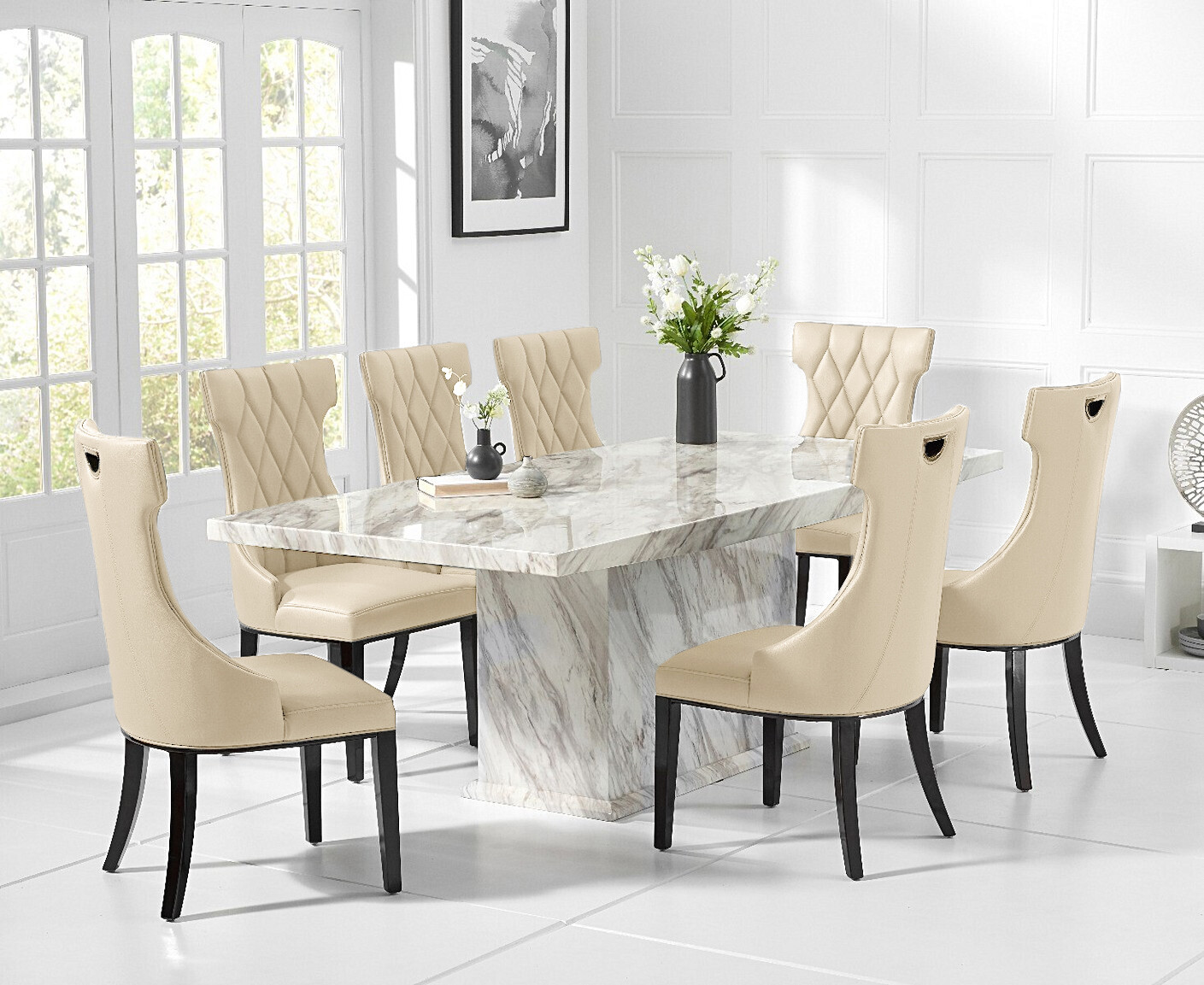 Product photograph of Marino 220cm Marble-effect Dining Table With 8 Cream Sophia Chairs from Oak Furniture Superstore