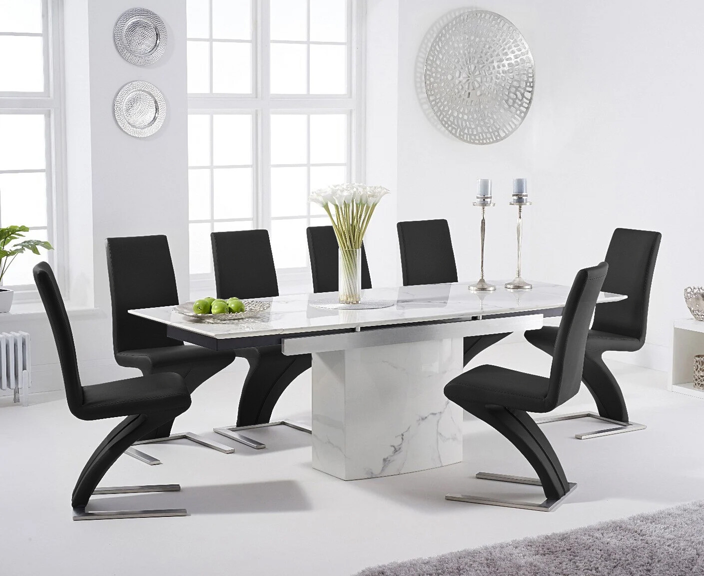 Product photograph of Savona 160cm Extending White Marble Dining Table With 6 Black Aldo Faux Leather Chairs from Oak Furniture Superstore