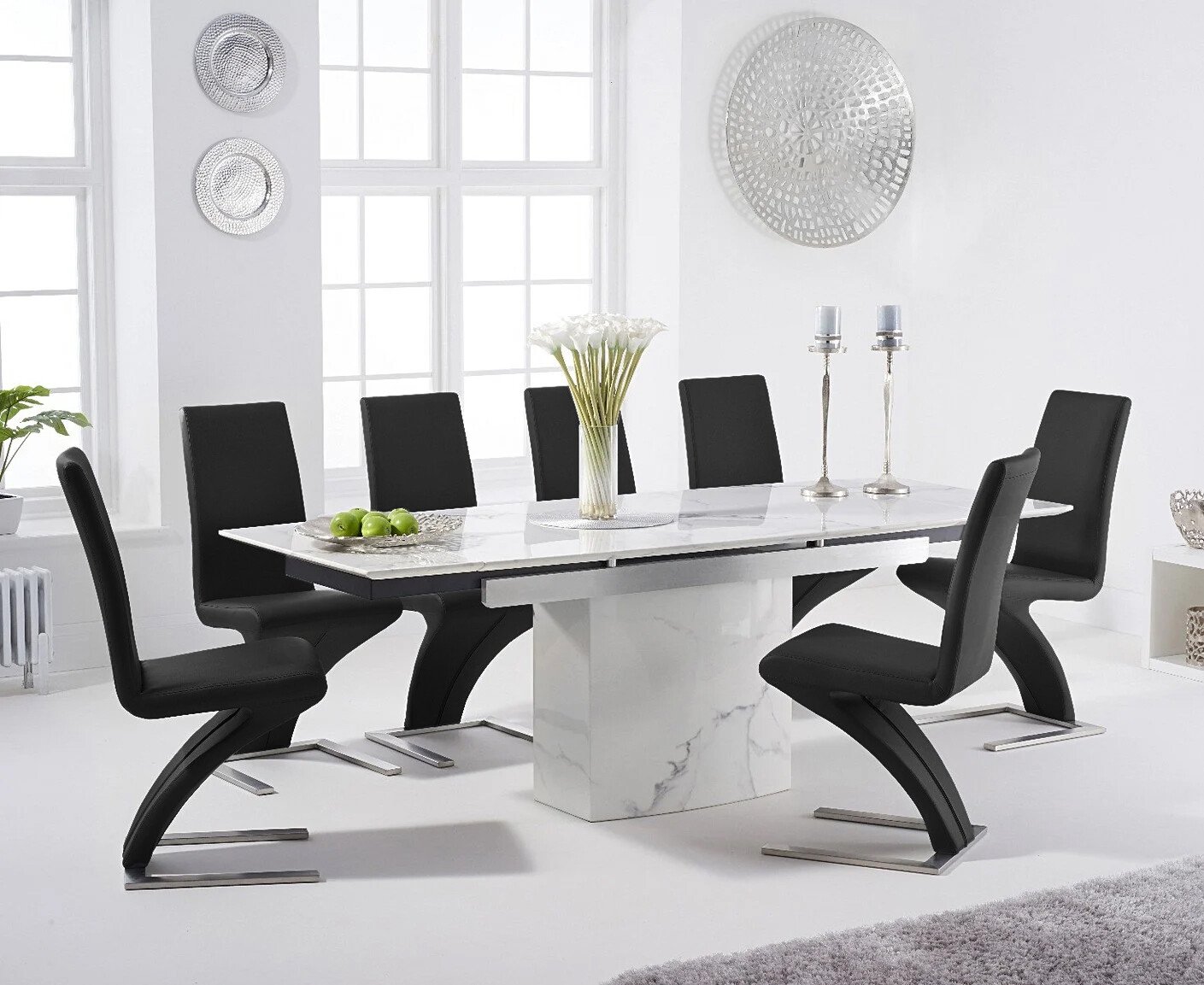 Metropolis 160cm Extending White Marble Dining Table With 10 Black Aldo Faux Leather Chairs