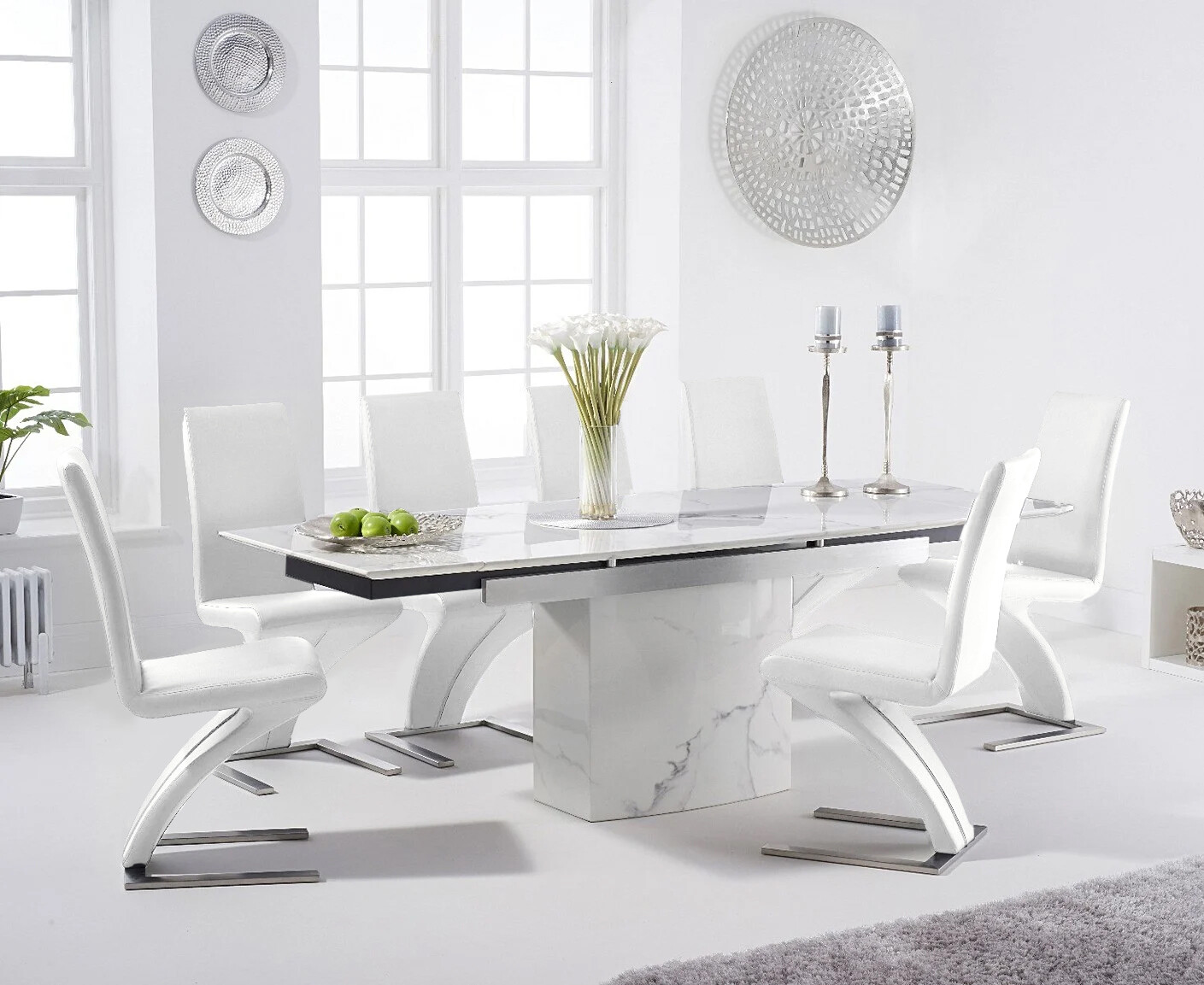 Product photograph of Metropolis 160cm Extending White Marble Dining Table With 8 White Aldo Faux Leather Chairs from Oak Furniture Superstore