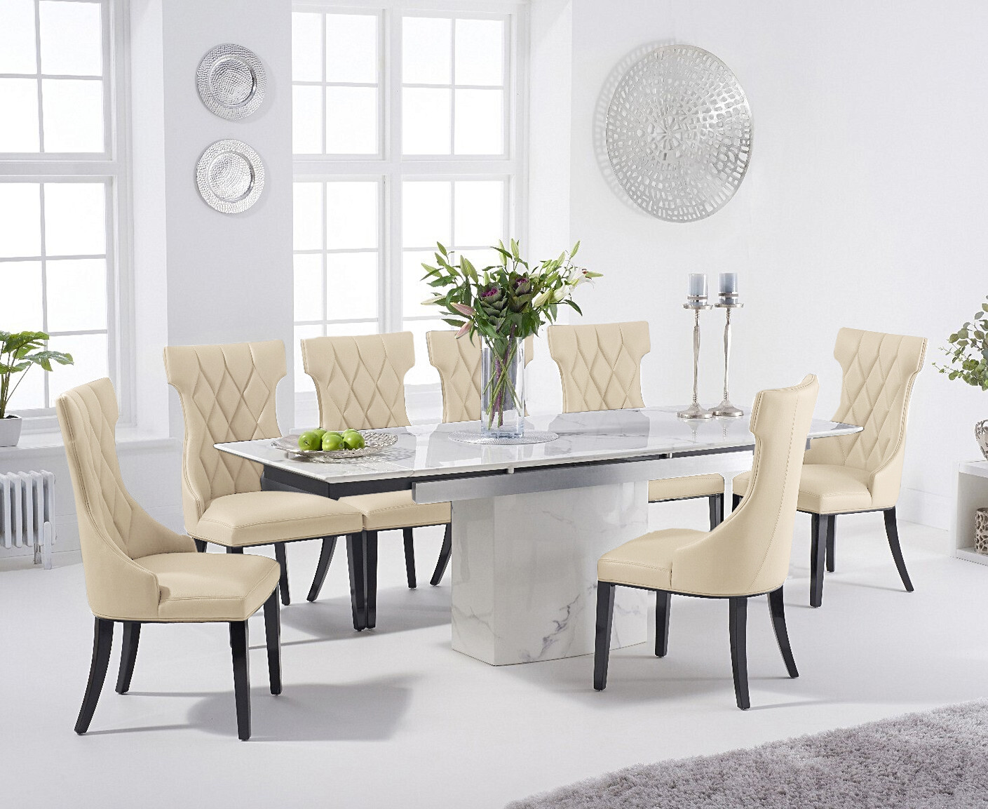 Photo 2 of Extending savona 160cm white marble dining table with 4 cream sophia chairs