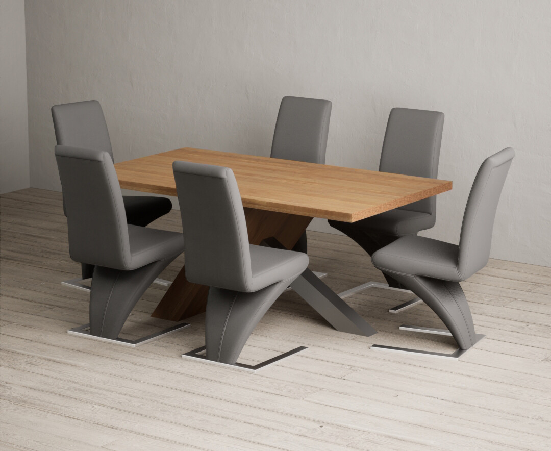 Product photograph of Michigan 180cm Solid Oak And Metal Industrial Dining Table With 6 White Aldo Chairs from Oak Furniture Superstore